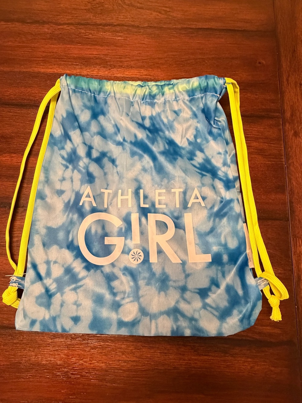 Athleta Girl Blue Tie-Dye Drawstring Backpack with Yellow Straps
